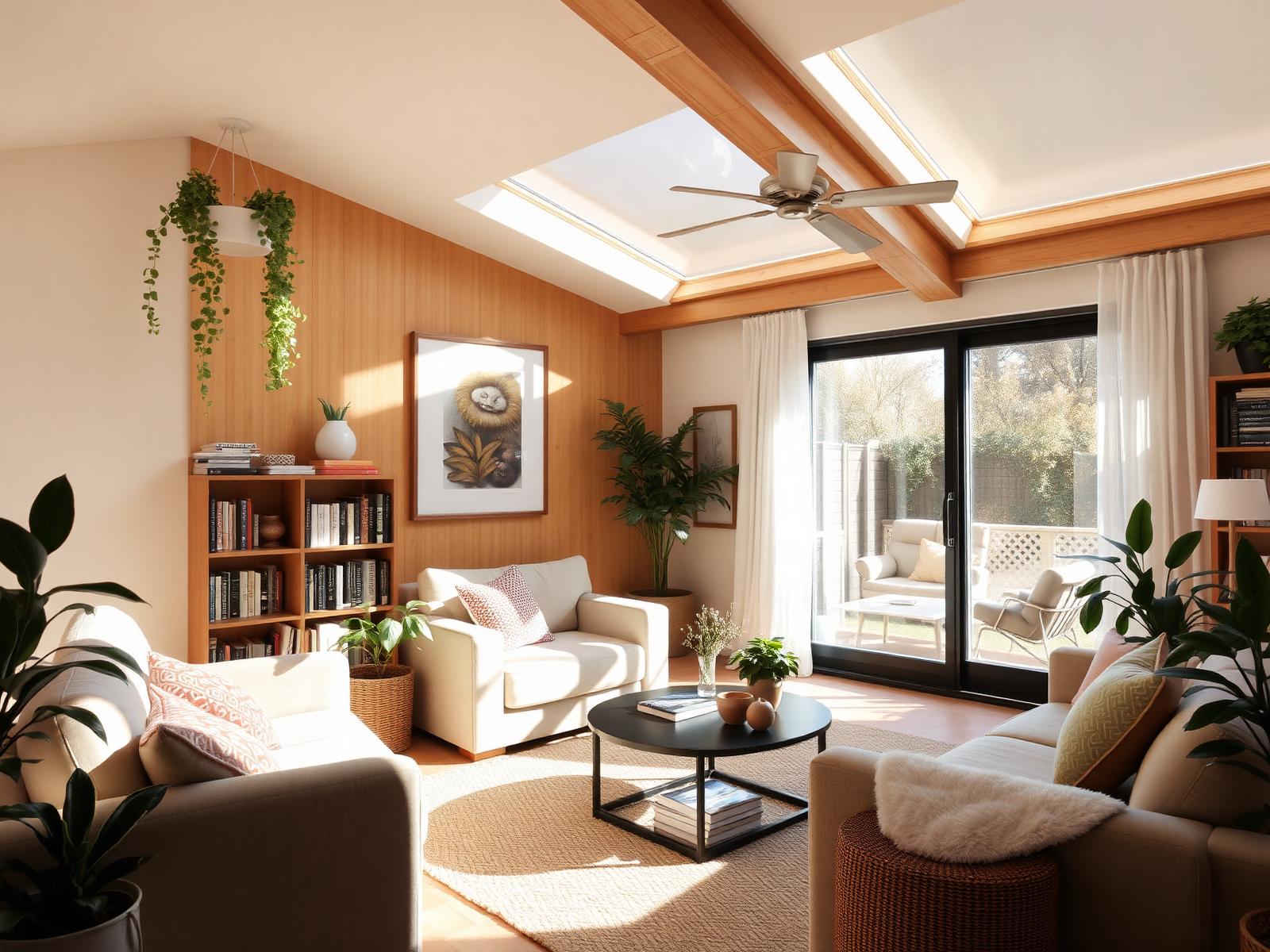 A sunlit shared living room with plants, books and comfortable seating